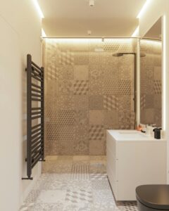 Stylish minimalist bathroom featuring intricate patterned tiles and sleek fixtures.